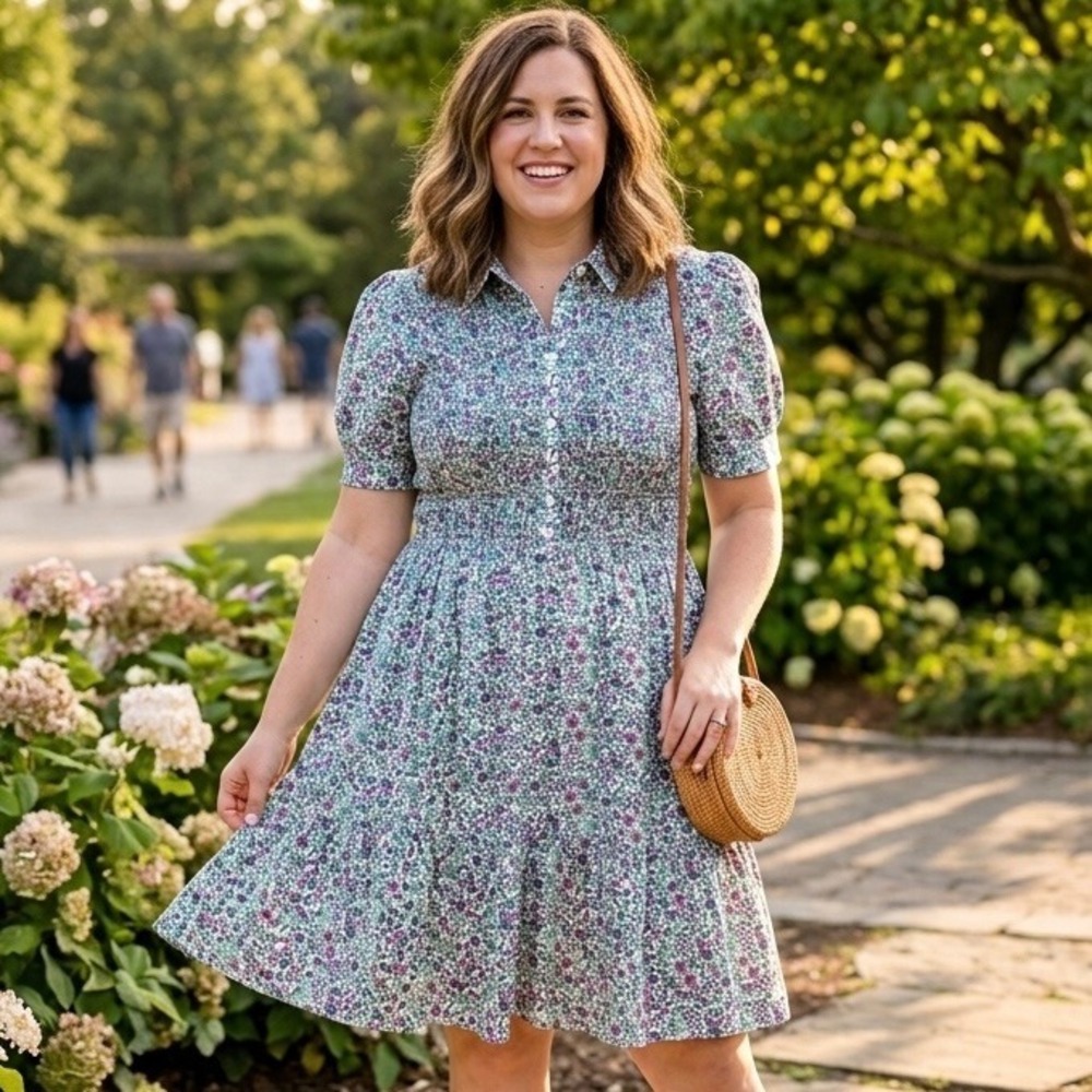 J.Crew Women Floral Smocked Shirt Dress Medium Short Sleeve Cotton Purple Green